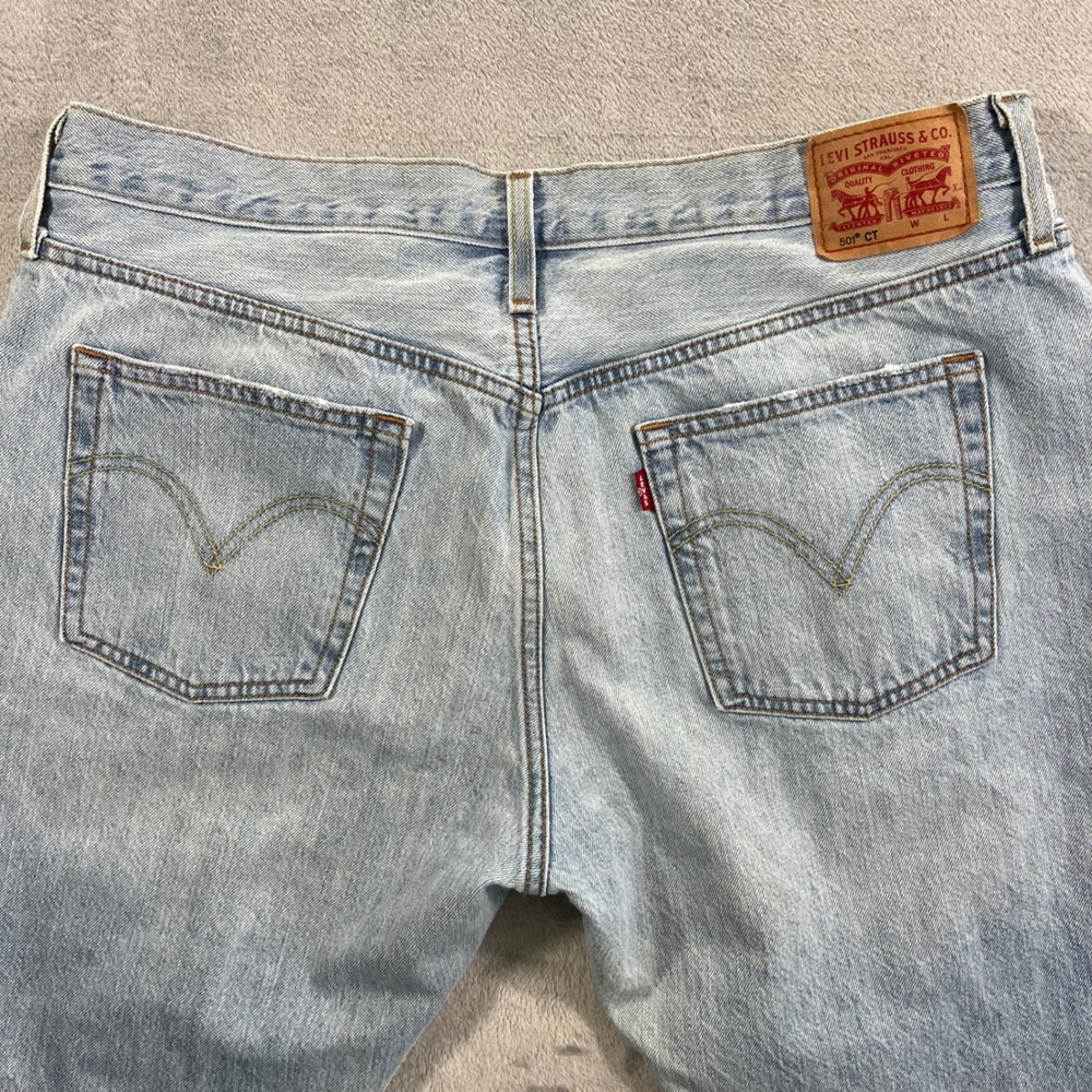 LEVI'S501 CT Jeans Women 36x28 Light Wash‎ Good Distressed Ripped Tapered Custom - Picture 4 of 16